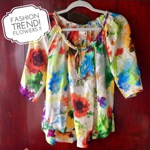 Watercolor floral blouse w/ keyhole tie neckline.